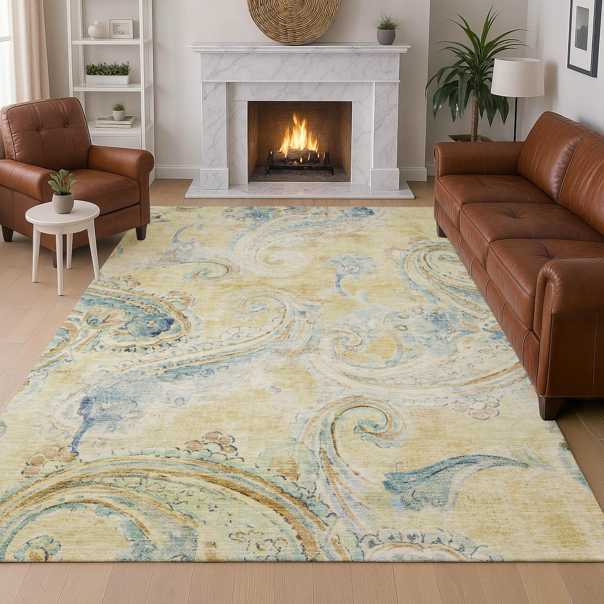 8' X 10' Gold And Mint Green Paisley Washable Indoor Outdoor Area Rug Homeroots Outdoor