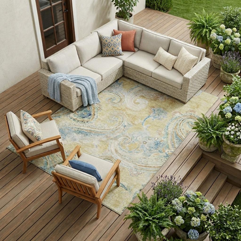 8' X 10' Gold And Mint Green Paisley Washable Indoor Outdoor Area Rug Homeroots Outdoor