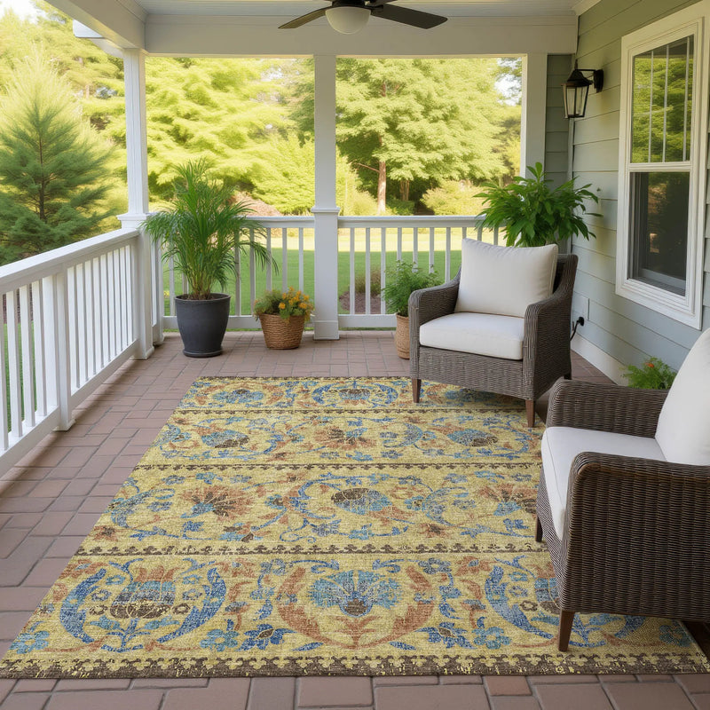 8' X 10' Gold And Teal Blue Floral Washable Indoor Outdoor Area Rug Homeroots Outdoor