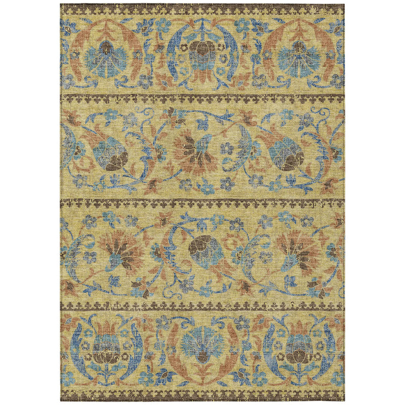 8' X 10' Gold And Teal Blue Floral Washable Indoor Outdoor Area Rug Homeroots Outdoor