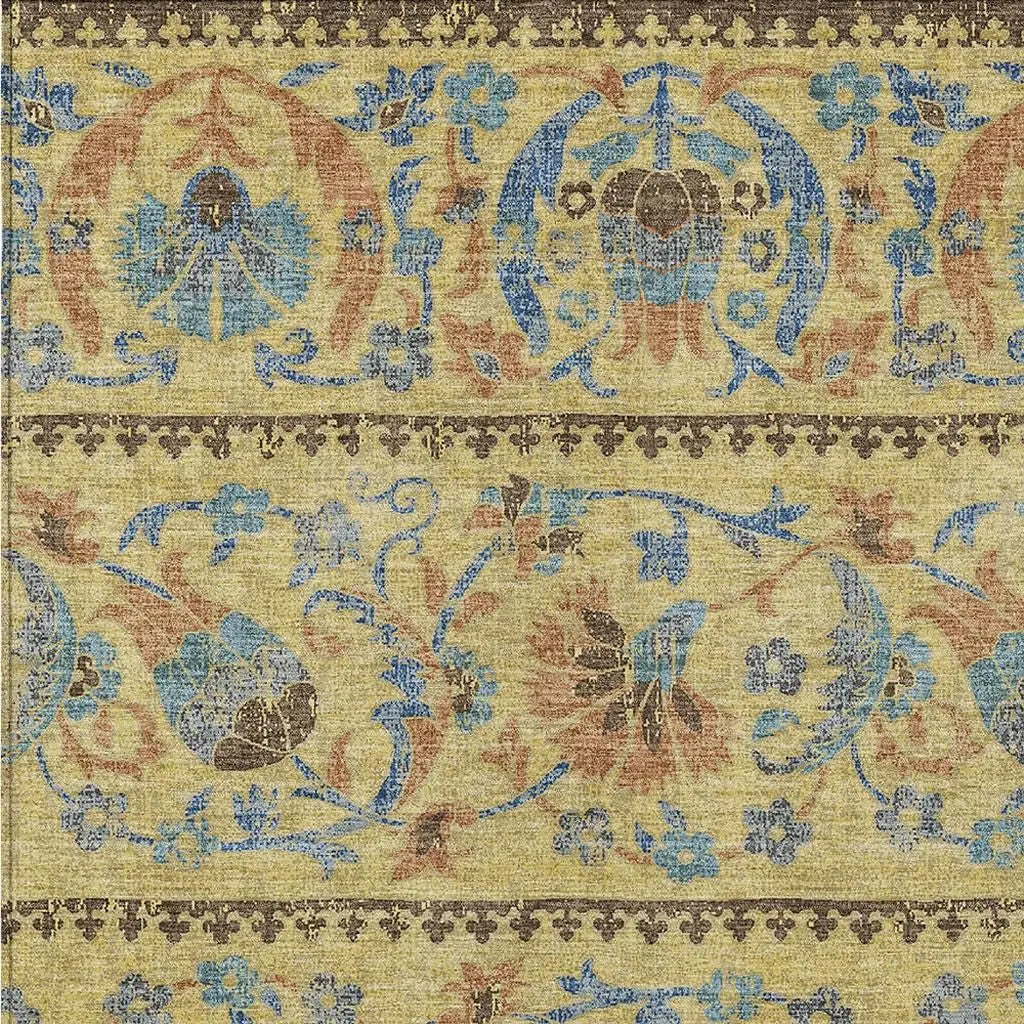 8' X 10' Gold And Teal Blue Floral Washable Indoor Outdoor Area Rug Homeroots Outdoor