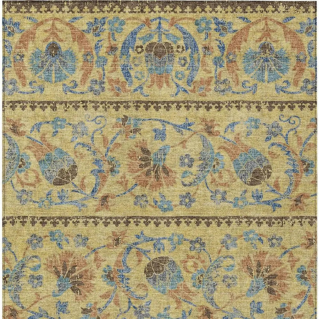 8' X 10' Gold And Teal Blue Floral Washable Indoor Outdoor Area Rug Homeroots Outdoor