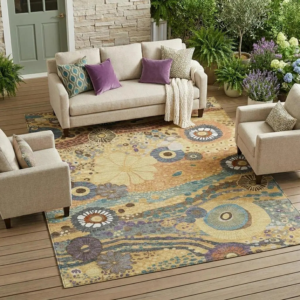 8' X 10' Gold And Wheat Floral Washable Indoor Outdoor Area Rug Homeroots Outdoor