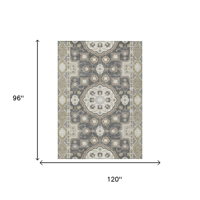 8' X 10' Graphite And Gray Floral Medallion Washable Indoor Outdoor Area Rug Homeroots Outdoor