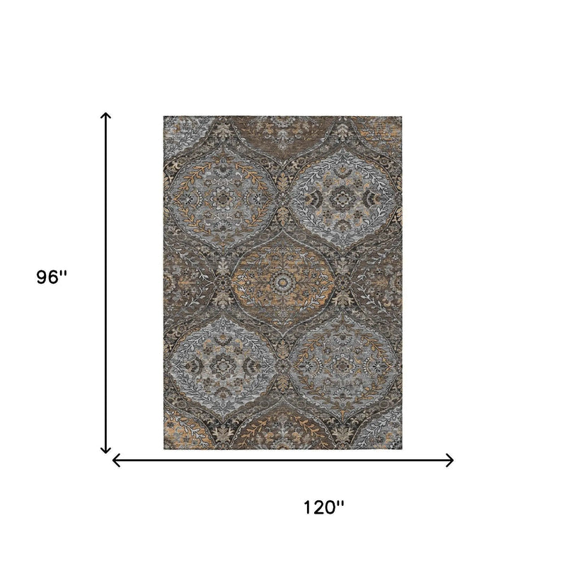 8' X 10' Gray And Brown Ogee Washable Indoor Outdoor Area Rug Homeroots Outdoor