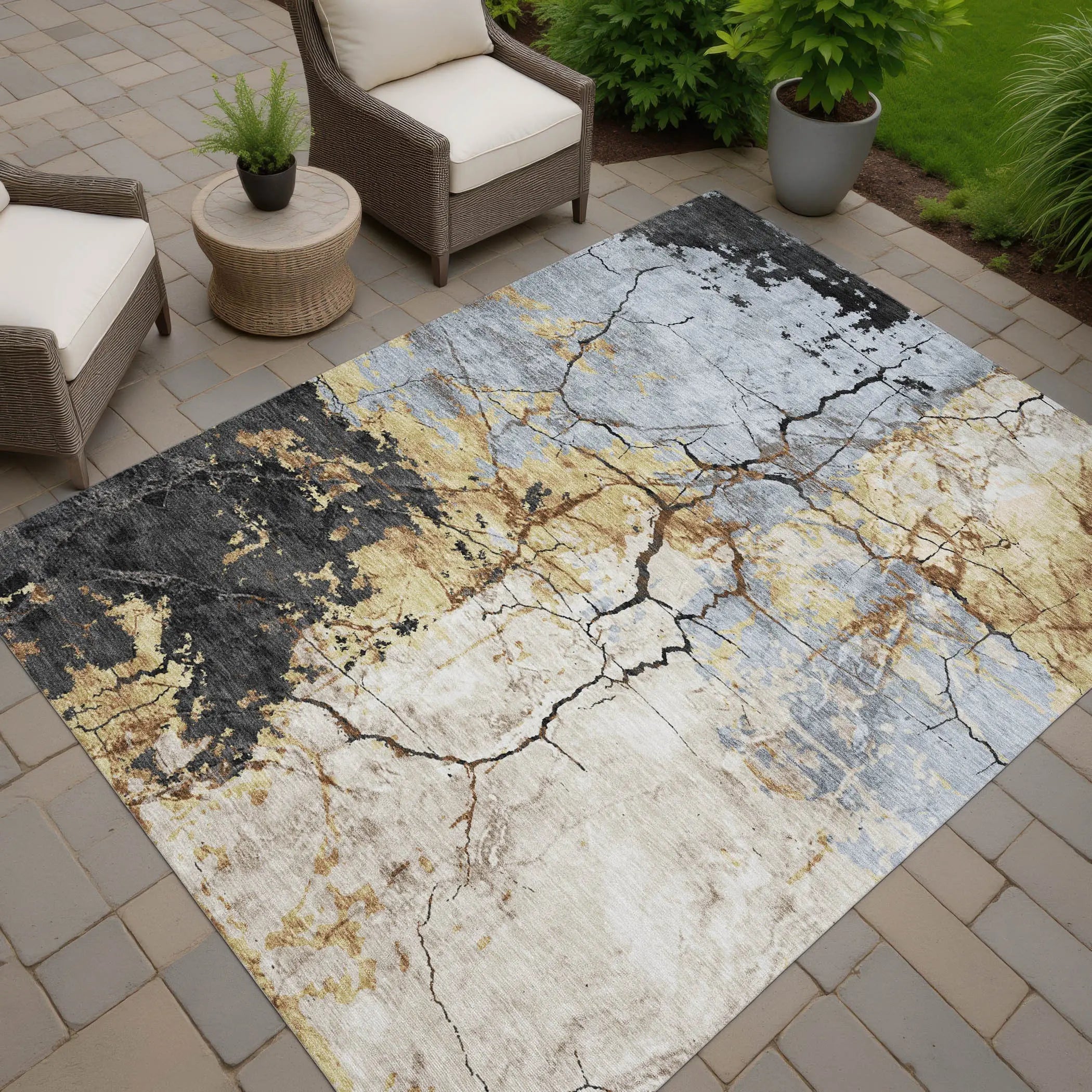 8' X 10' Gray And Gold Abstract Washable Indoor Outdoor Area Rug Homeroots Outdoor
