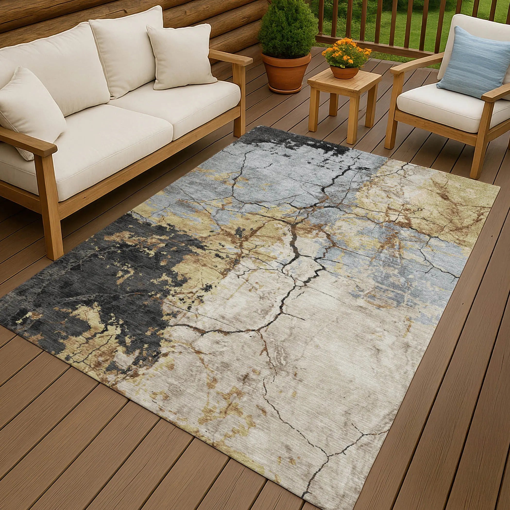 8' X 10' Gray And Gold Abstract Washable Indoor Outdoor Area Rug Homeroots Outdoor