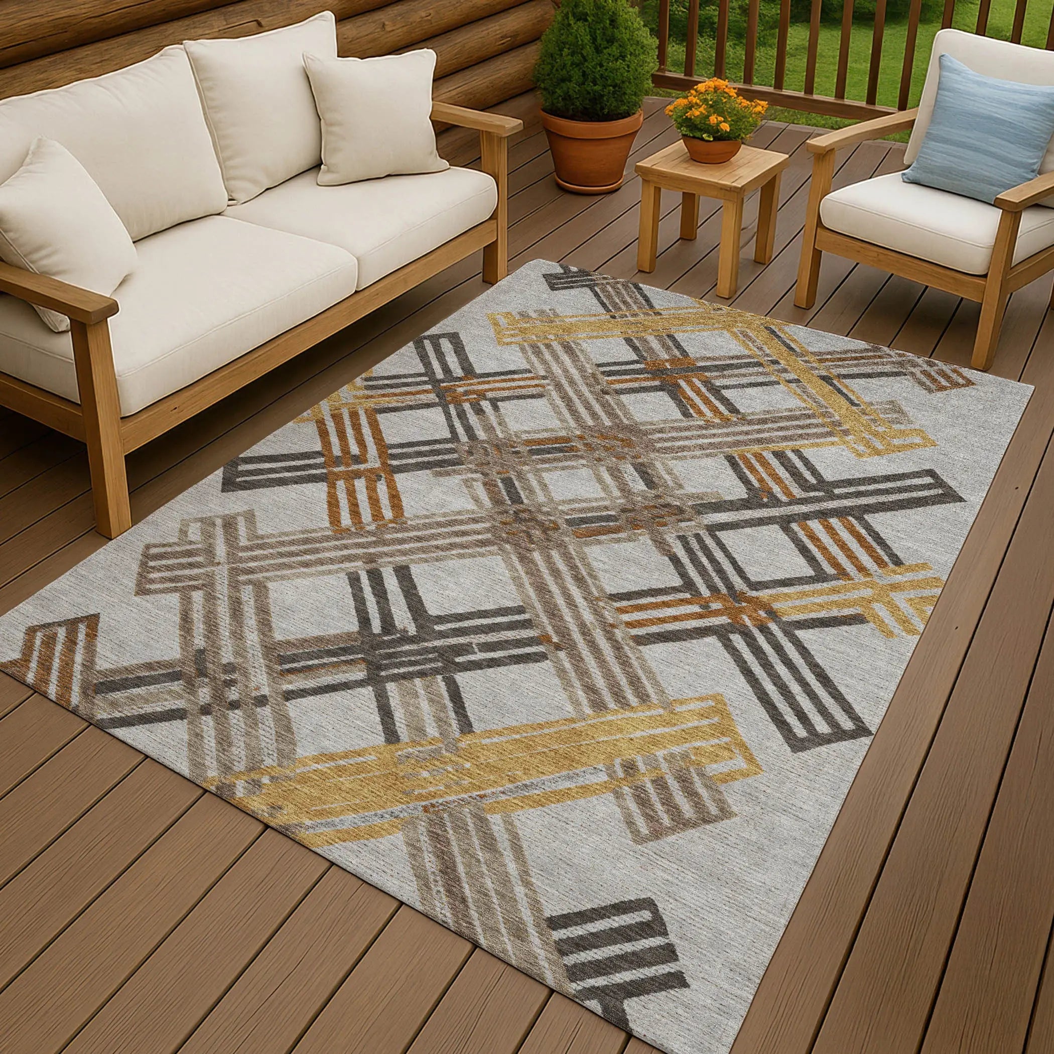 8' X 10' Gray And Gold Geometric Washable Indoor Outdoor Area Rug Homeroots Outdoor