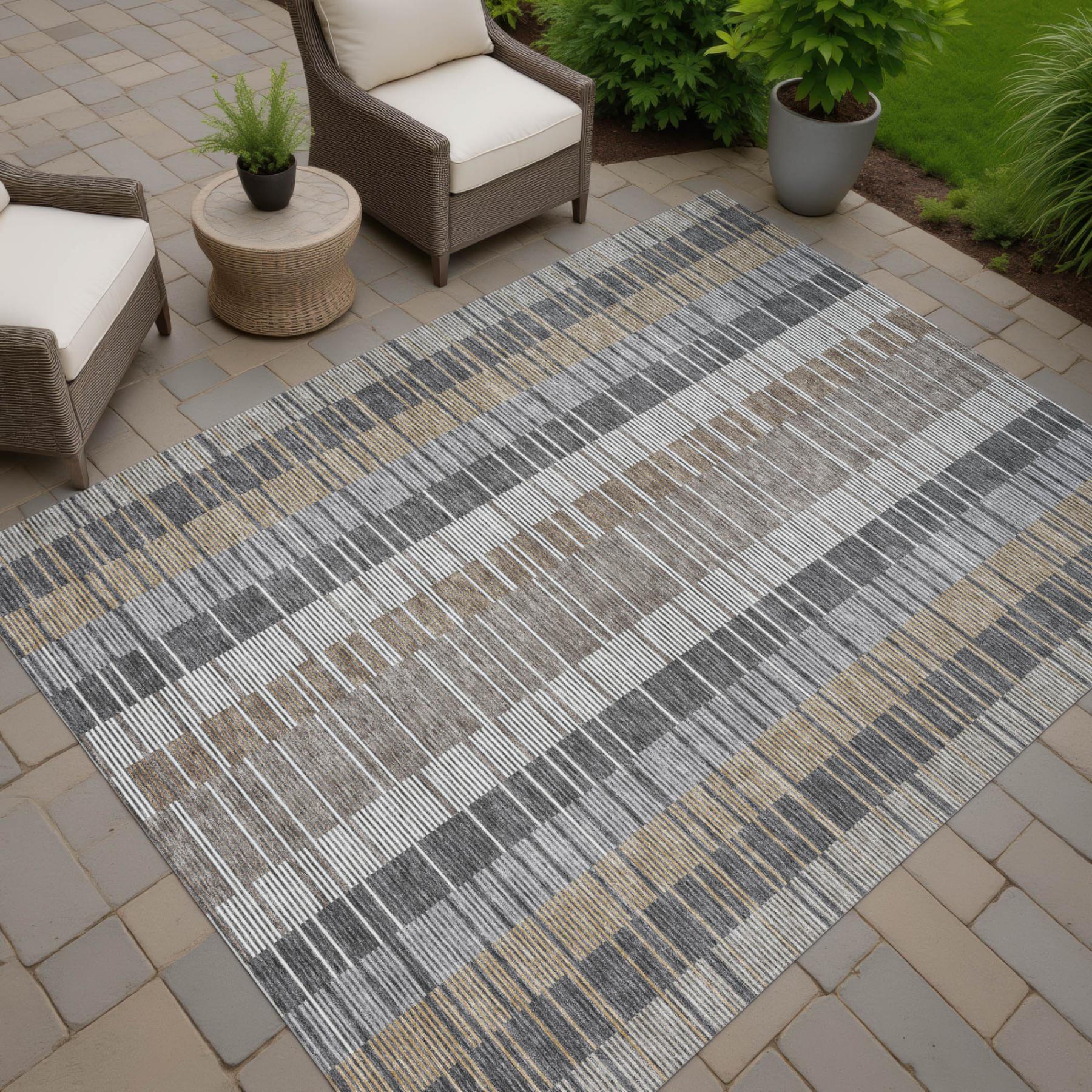 8' X 10' Gray And Graphite Striped Washable Indoor Outdoor Area Rug Homeroots Outdoor