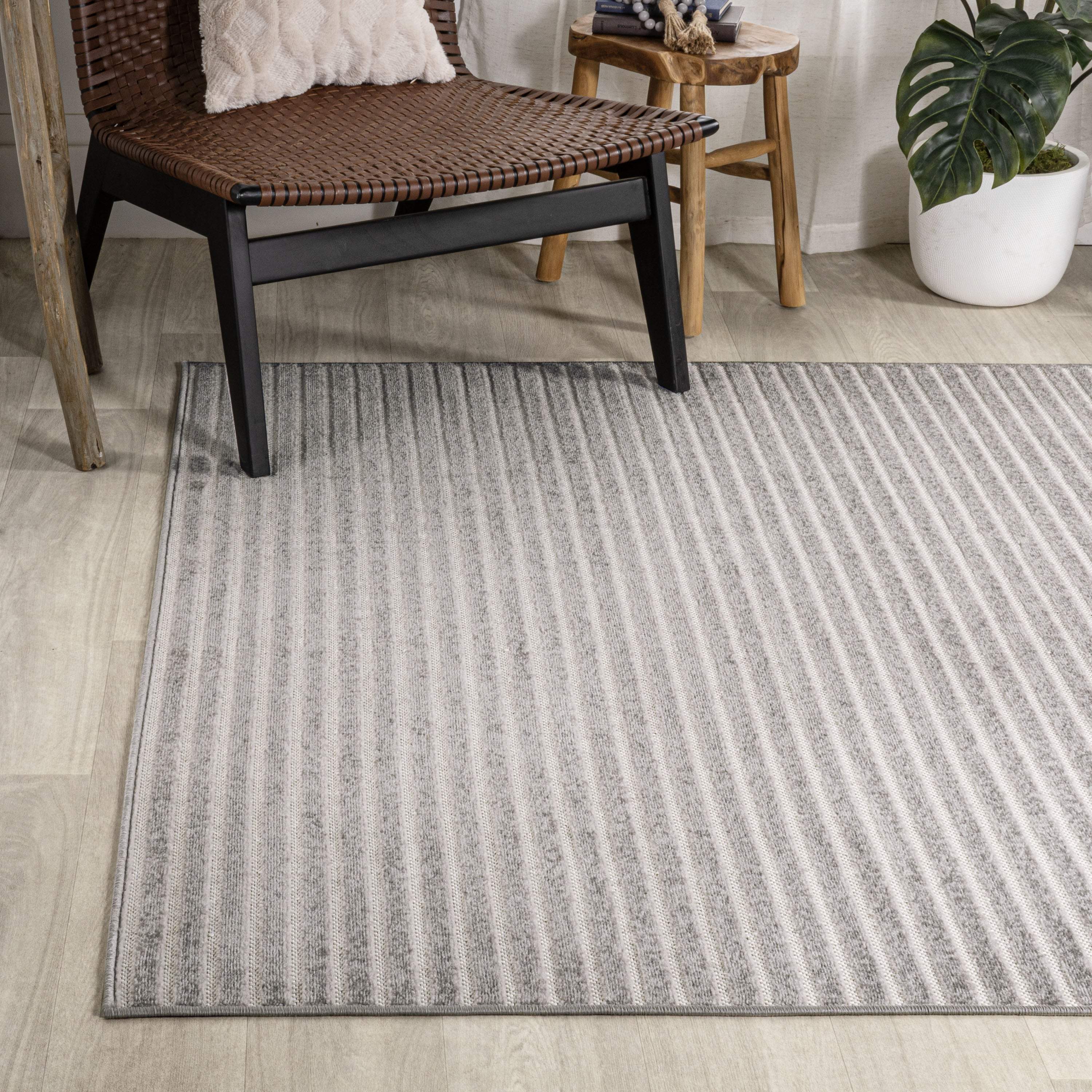 8' X 10' Gray And Ivory Striped Indoor Outdoor Area Rug - GreatEagleInc