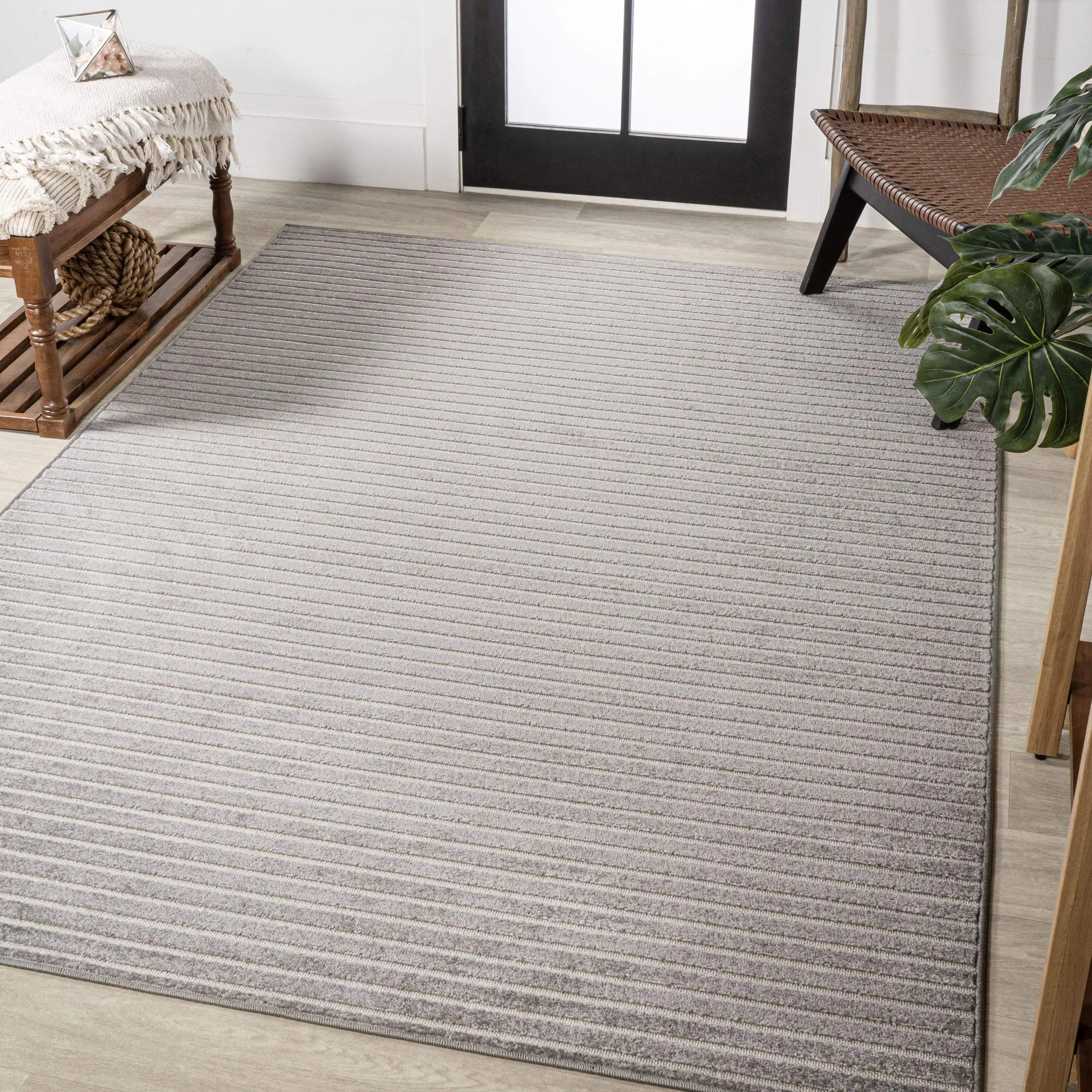 8' X 10' Gray And Ivory Striped Indoor Outdoor Area Rug - GreatEagleInc