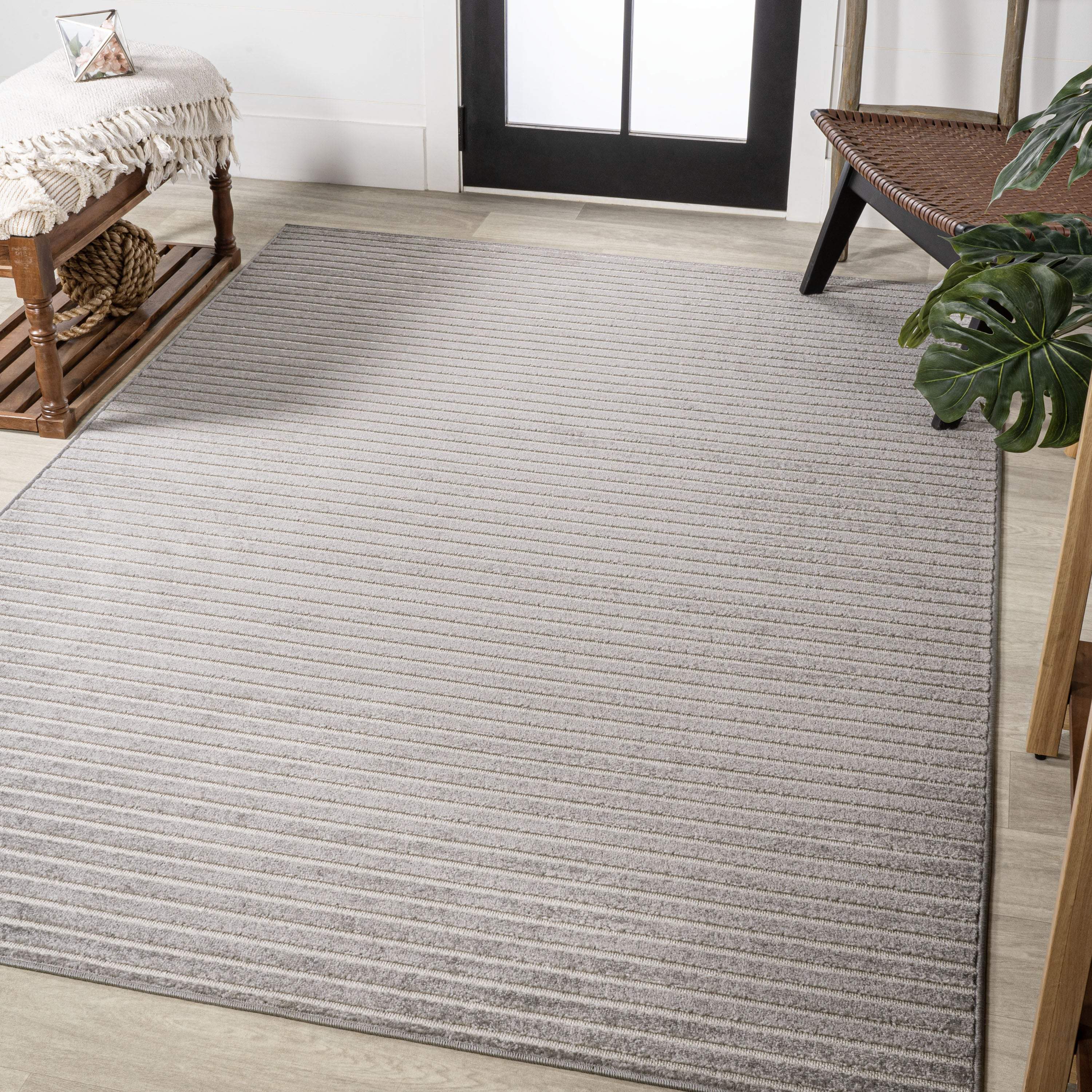 8' X 10' Gray And Ivory Striped Indoor Outdoor Area Rug - GreatEagleInc