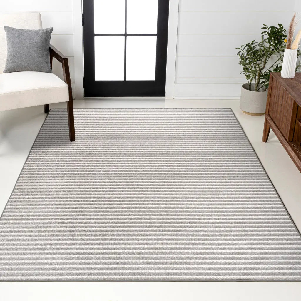 8' X 10' Gray And Ivory Striped Indoor Outdoor Area Rug - GreatEagleInc