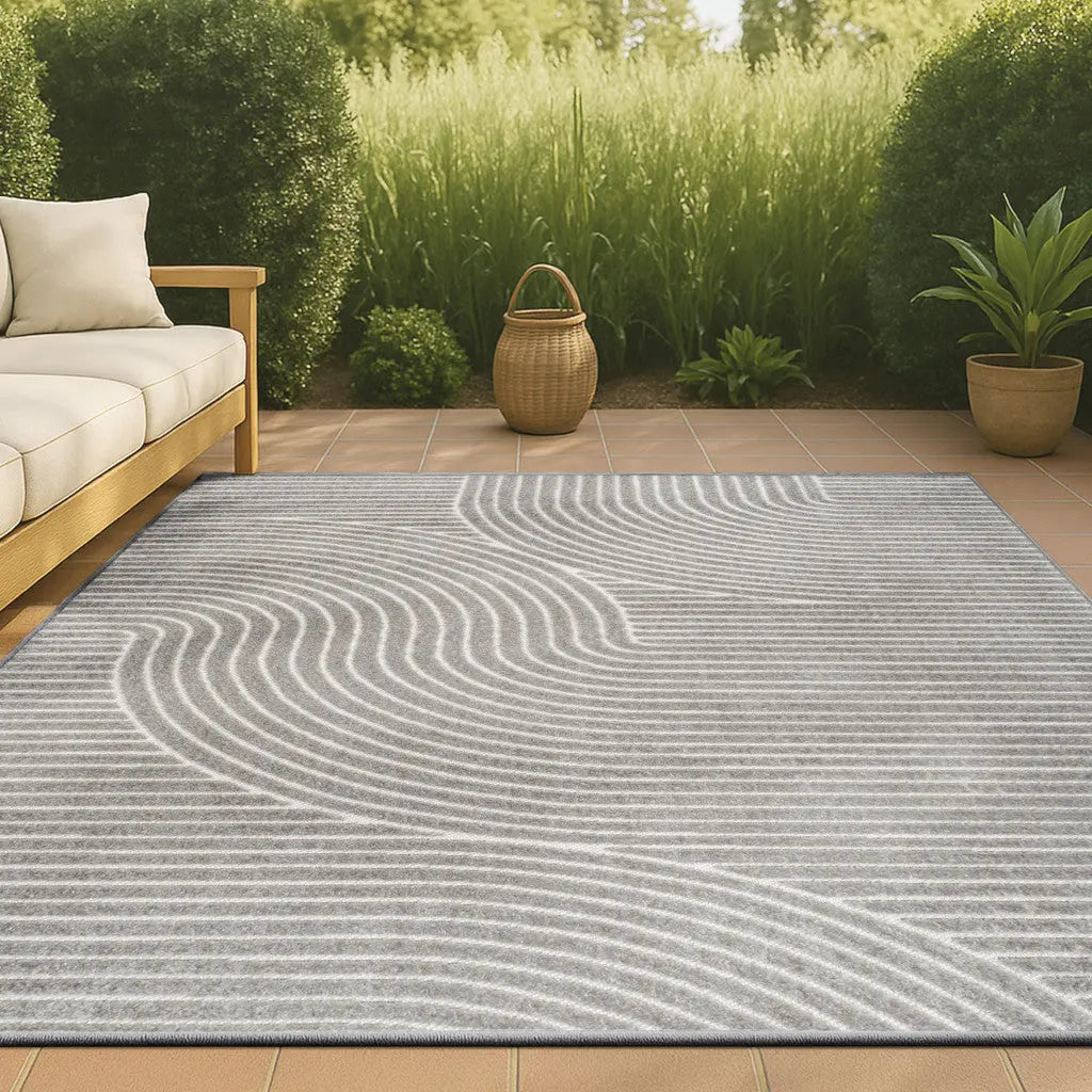 8' X 10' Gray And Ivory Striped Indoor Outdoor Area Rug Homeroots Outdoor