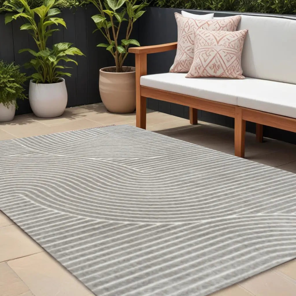 8' X 10' Gray And Ivory Striped Indoor Outdoor Area Rug Homeroots Outdoor