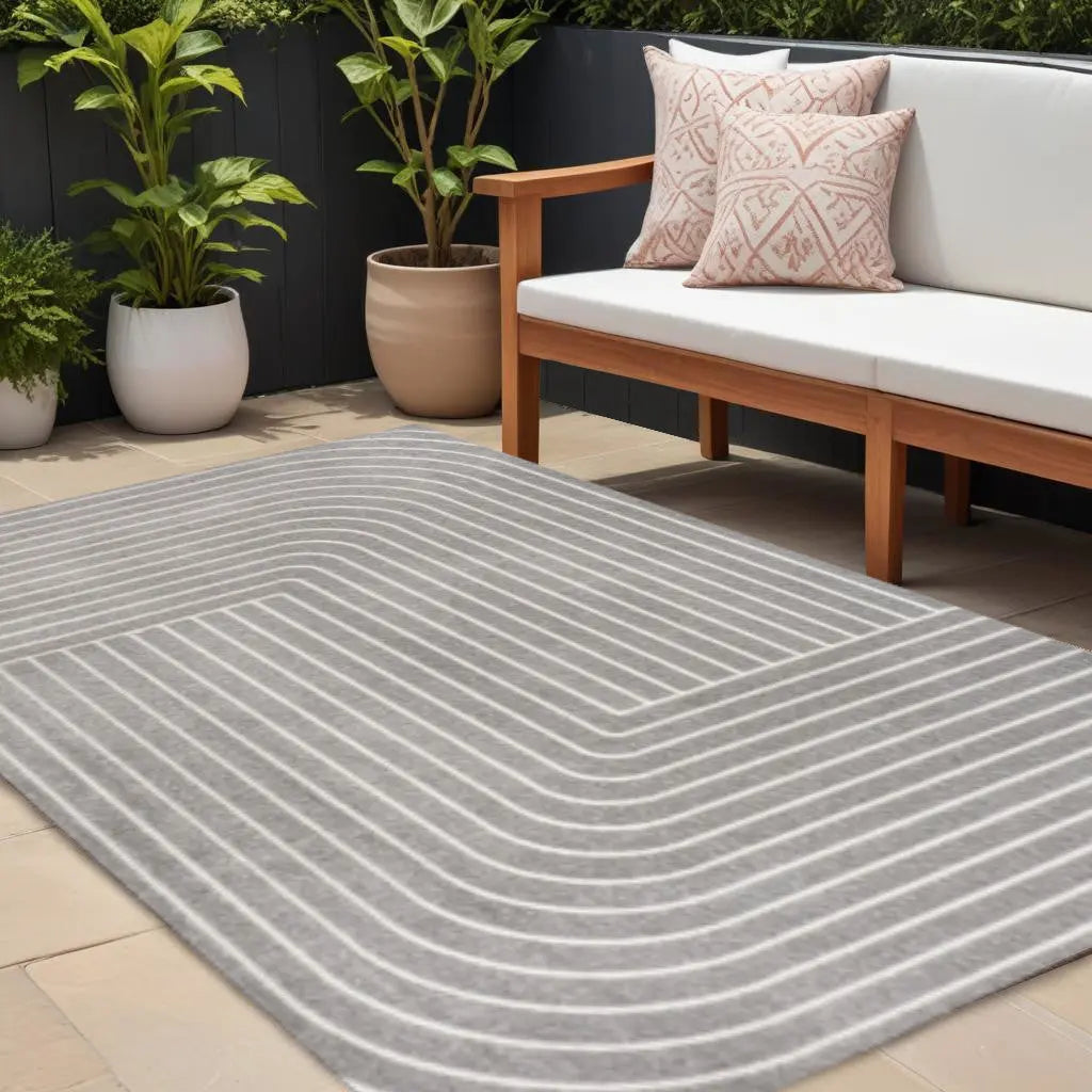 8' X 10' Gray And Ivory Striped Indoor Outdoor Area Rug Homeroots Outdoor