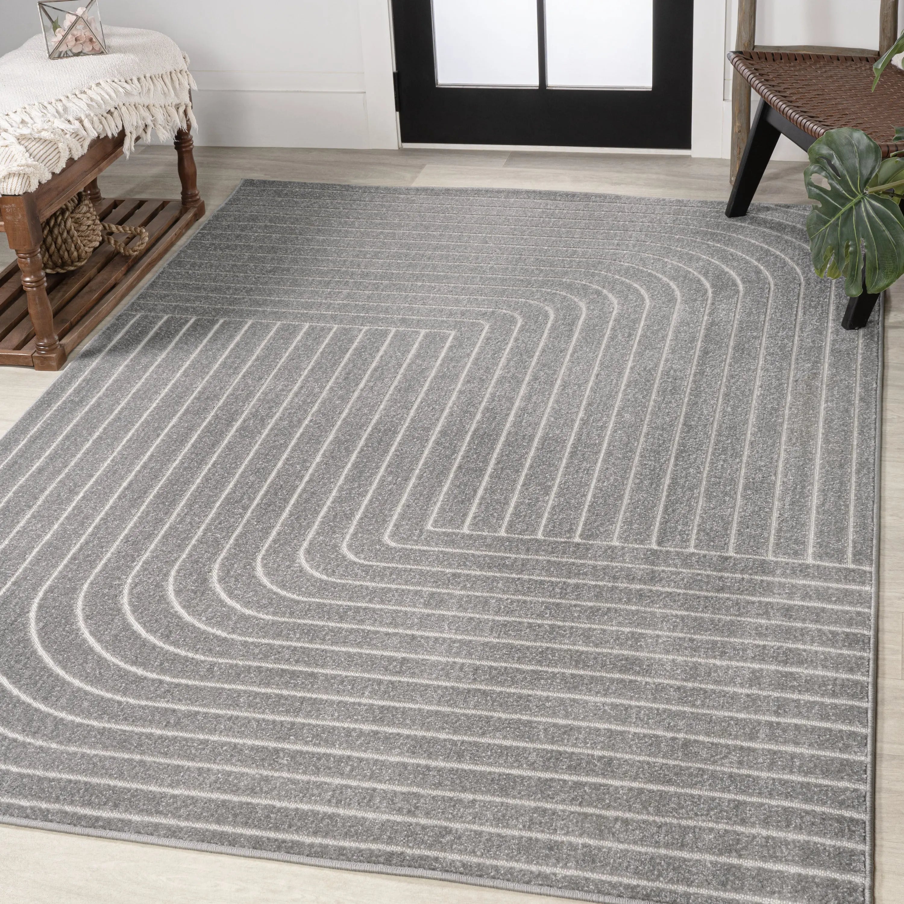 8' X 10' Gray And Ivory Striped Indoor Outdoor Area Rug Homeroots Outdoor