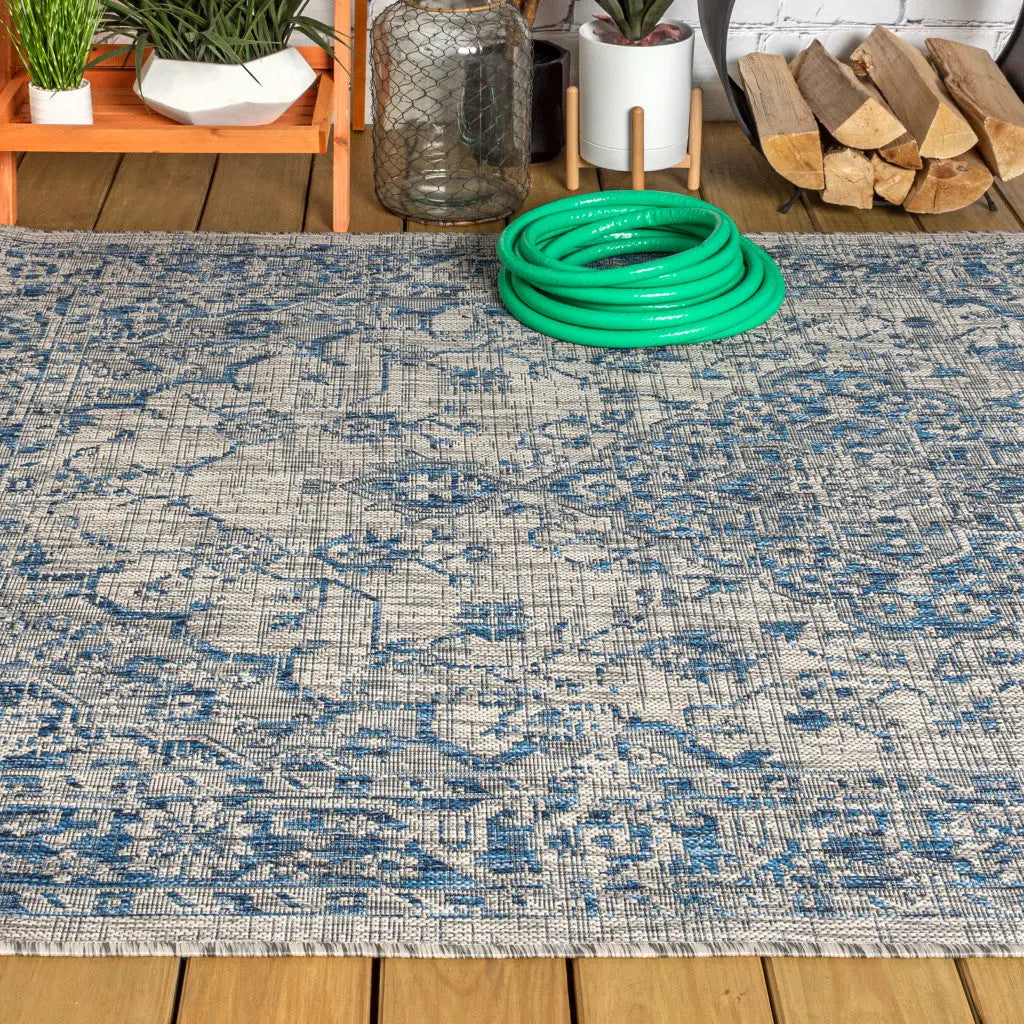 8' X 10' Gray And Navy Blue Medallion Indoor Outdoor Area Rug Homeroots Outdoor
