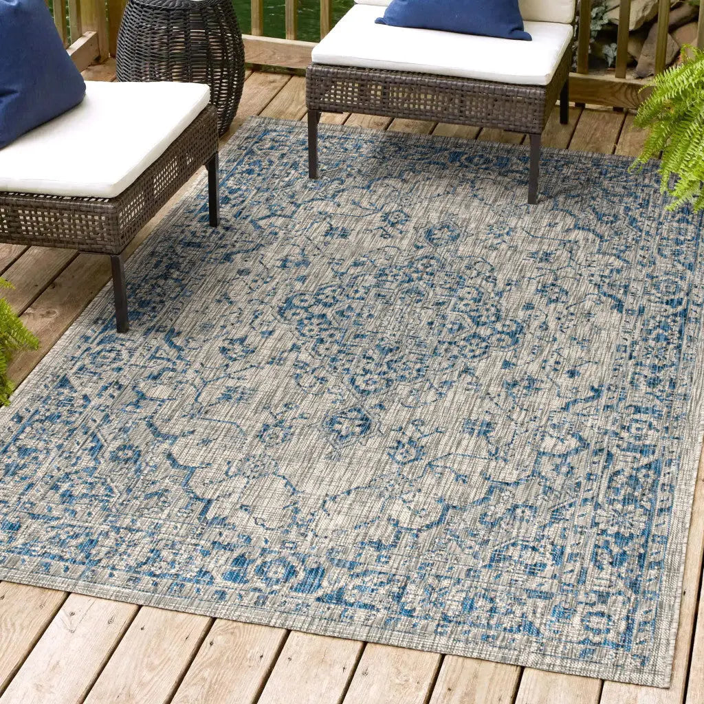 8' X 10' Gray And Navy Blue Medallion Indoor Outdoor Area Rug Homeroots Outdoor