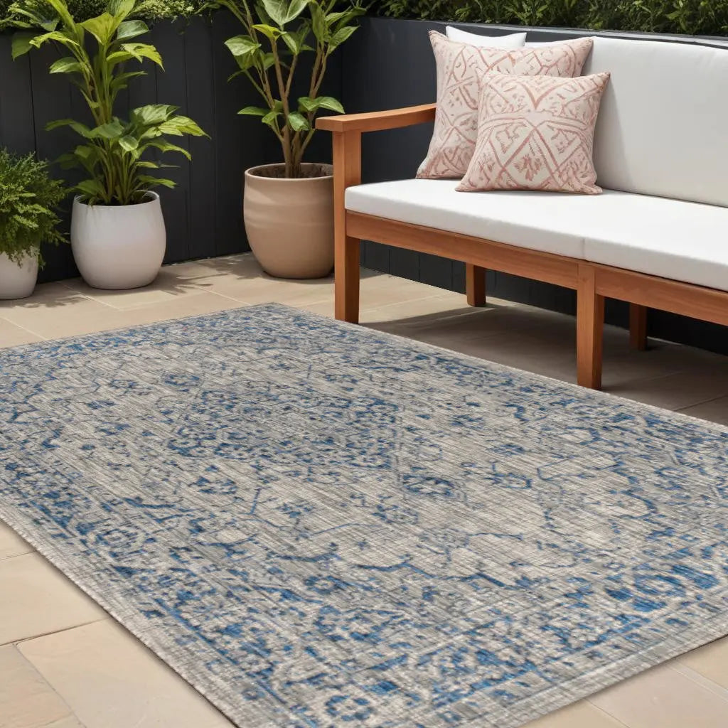 8' X 10' Gray And Navy Blue Medallion Indoor Outdoor Area Rug Homeroots Outdoor