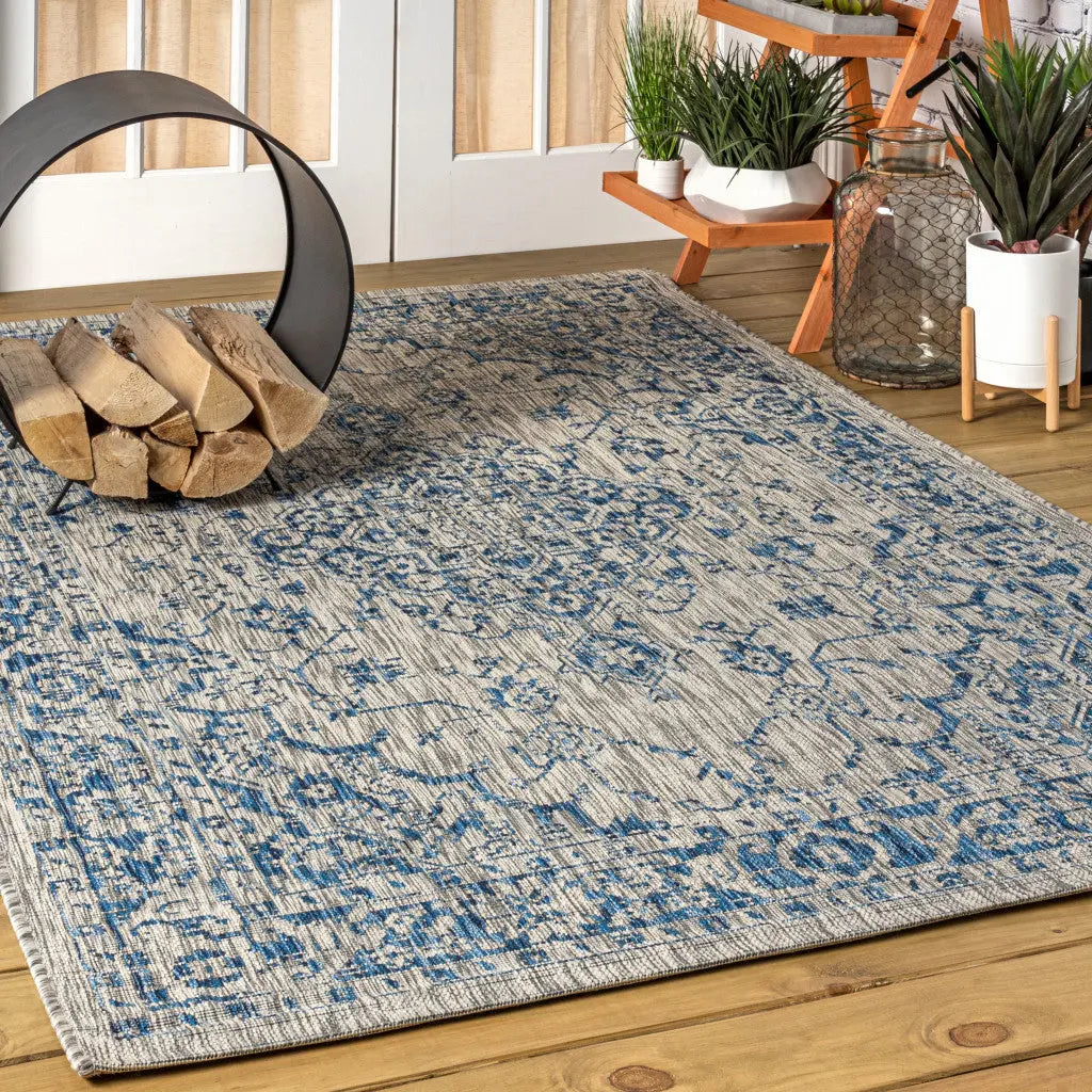 8' X 10' Gray And Navy Blue Medallion Indoor Outdoor Area Rug Homeroots Outdoor