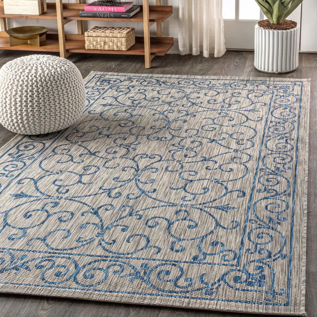 8' X 10' Gray And Navy Blue Medallion Indoor Outdoor Area Rug Homeroots Outdoor