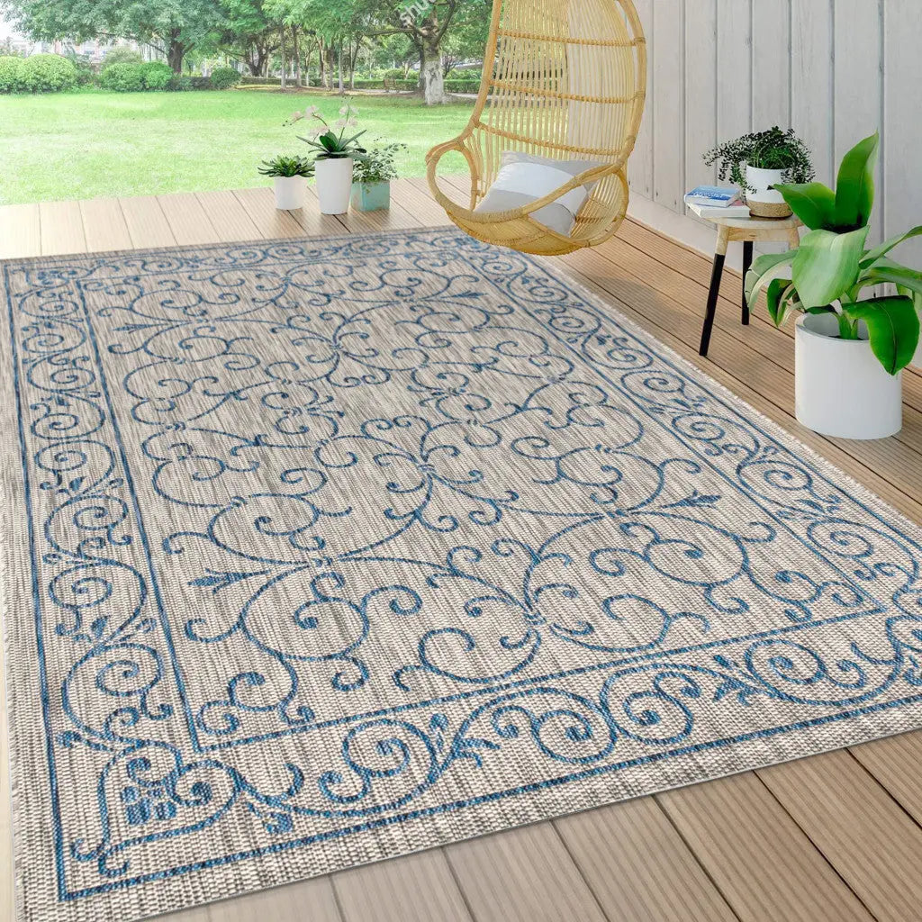 8' X 10' Gray And Navy Blue Medallion Indoor Outdoor Area Rug Homeroots Outdoor