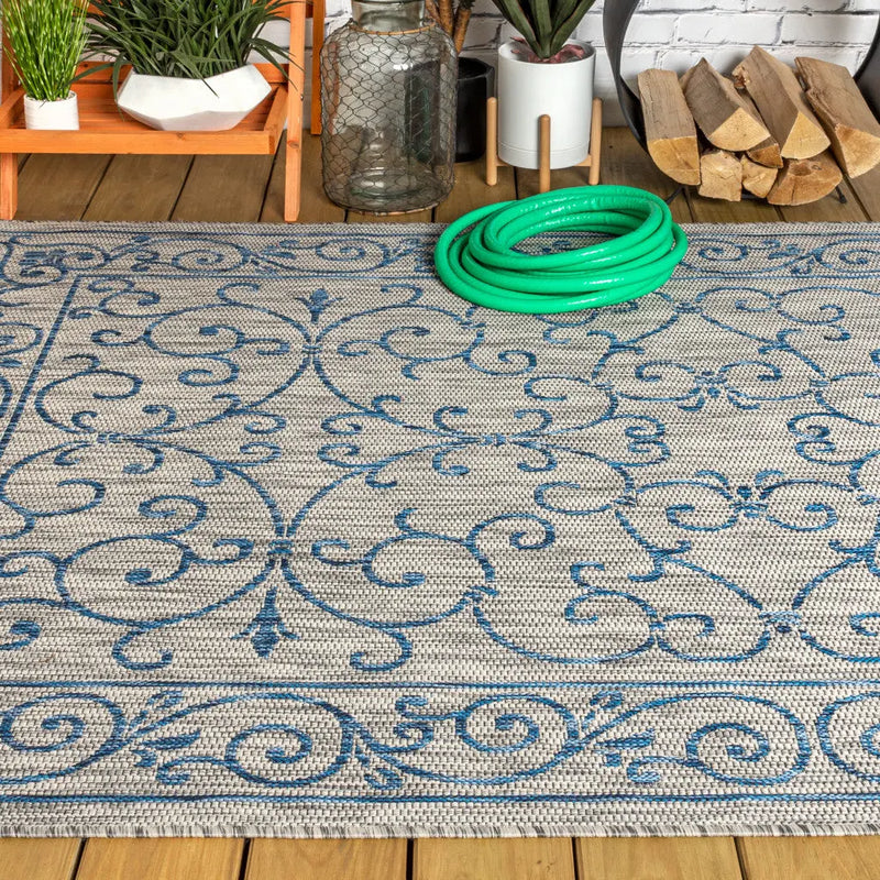 8' X 10' Gray And Navy Blue Medallion Indoor Outdoor Area Rug Homeroots Outdoor