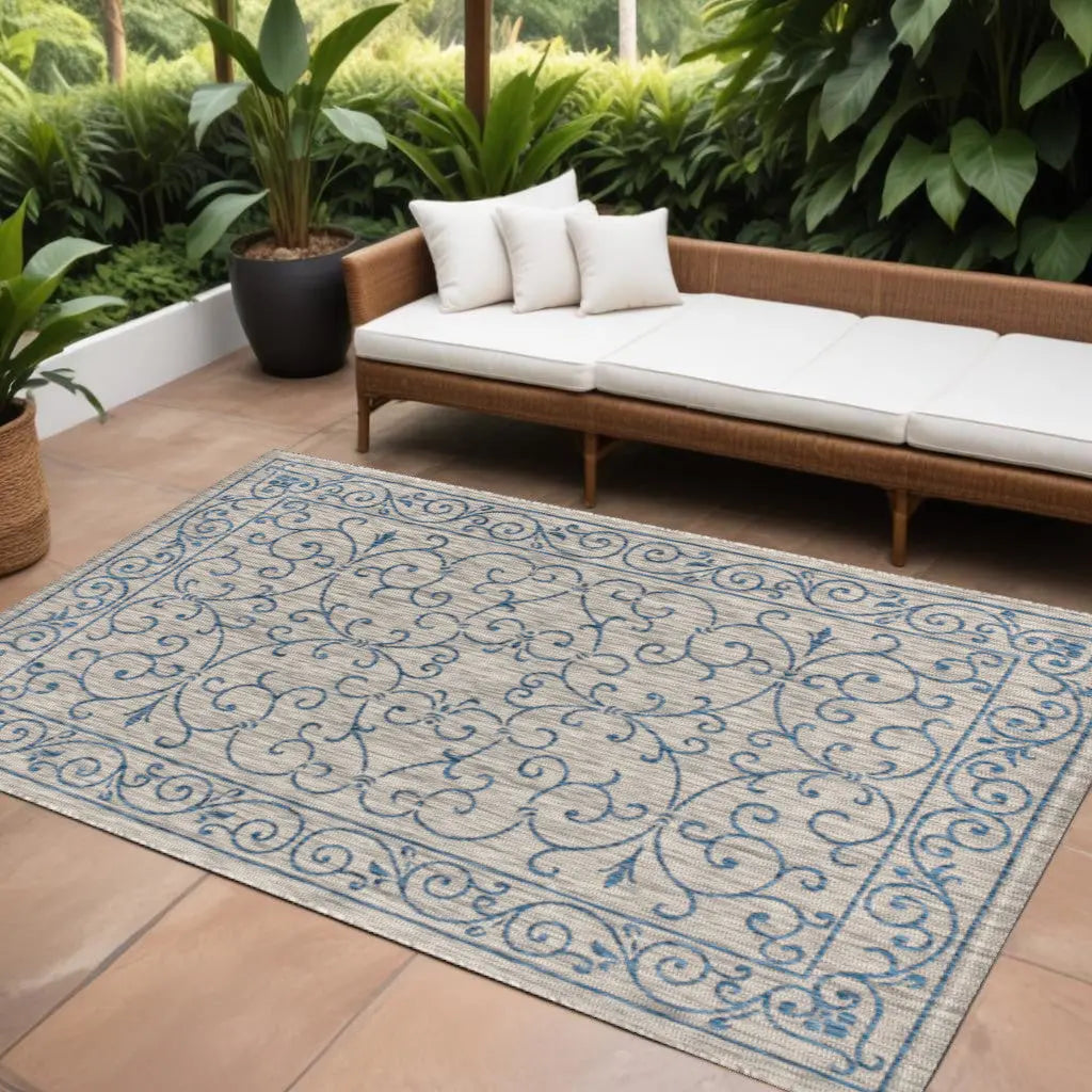8' X 10' Gray And Navy Blue Medallion Indoor Outdoor Area Rug Homeroots Outdoor