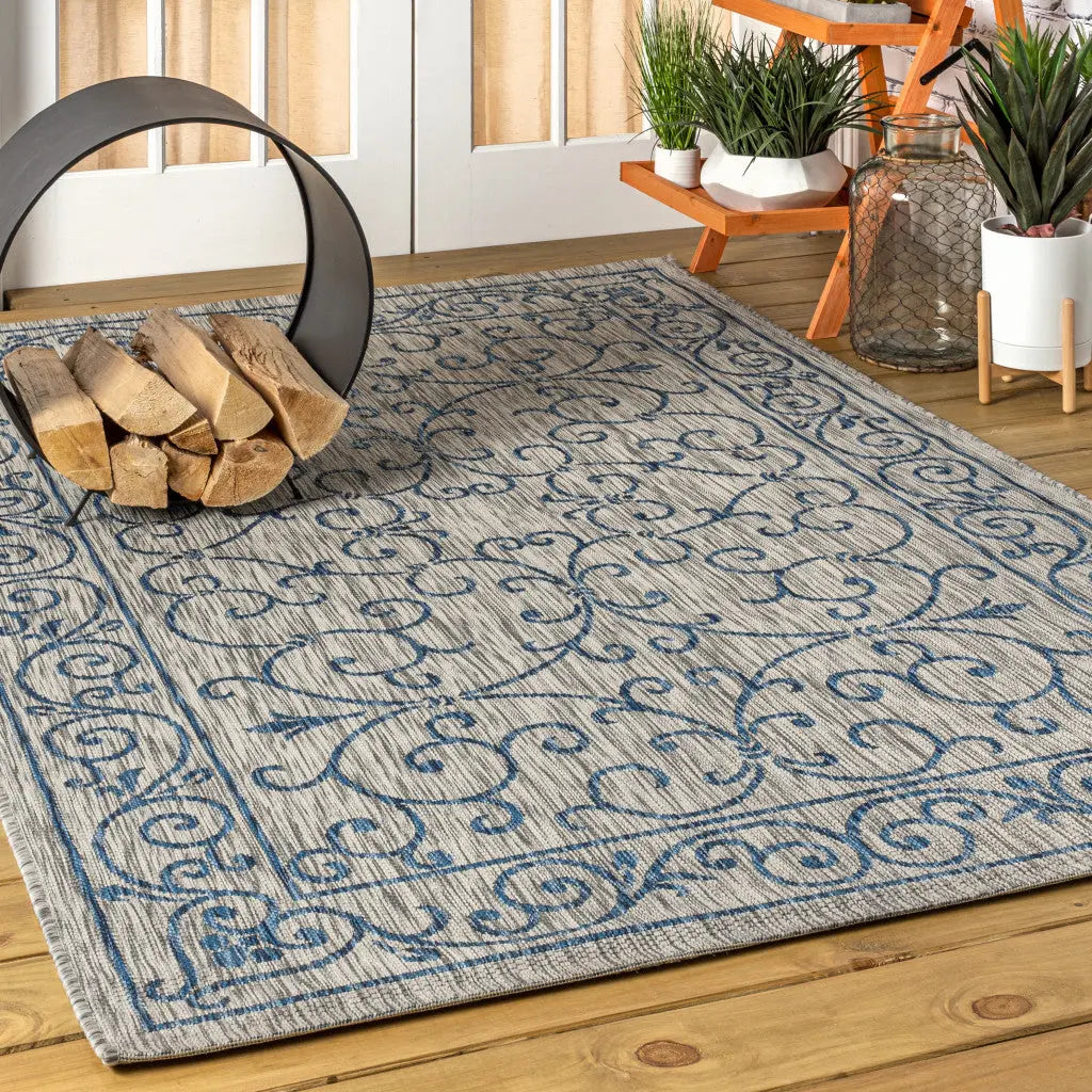 8' X 10' Gray And Navy Blue Medallion Indoor Outdoor Area Rug Homeroots Outdoor