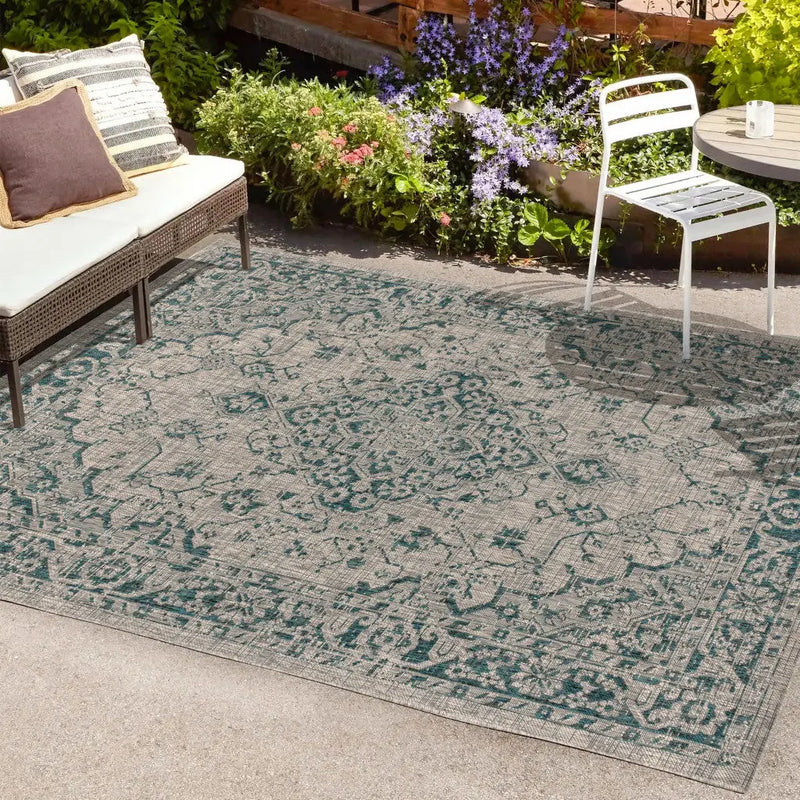 8' X 10' Gray And Teal Blue Medallion Indoor Outdoor Area Rug Homeroots Outdoor
