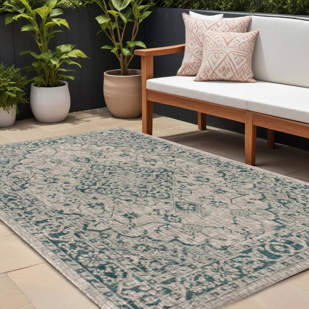 8' X 10' Gray And Teal Blue Medallion Indoor Outdoor Area Rug Homeroots Outdoor