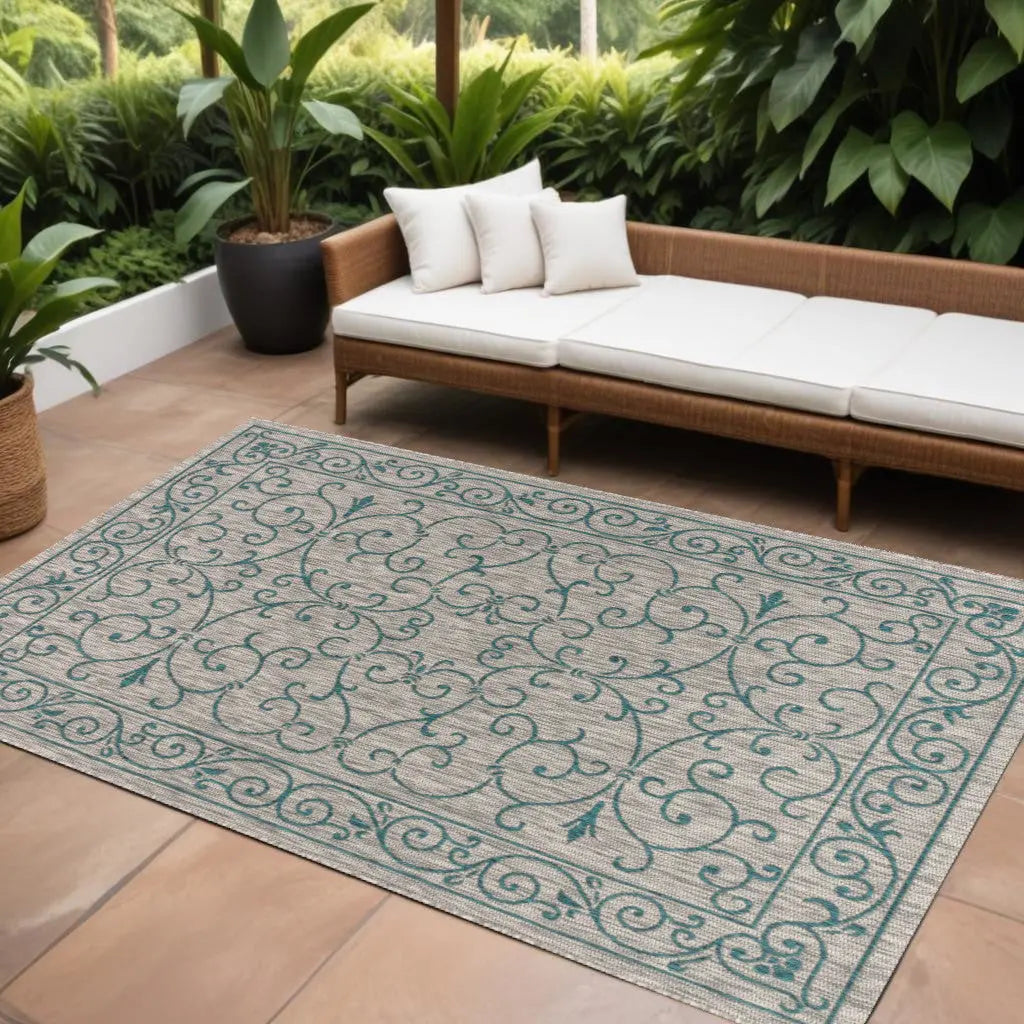 8' X 10' Gray And Teal Blue Medallion Indoor Outdoor Area Rug Homeroots Outdoor