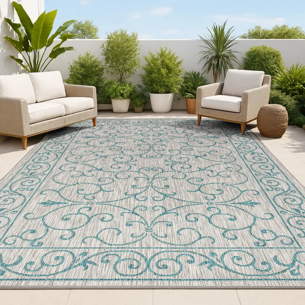 8' X 10' Gray And Teal Blue Medallion Indoor Outdoor Area Rug Homeroots Outdoor