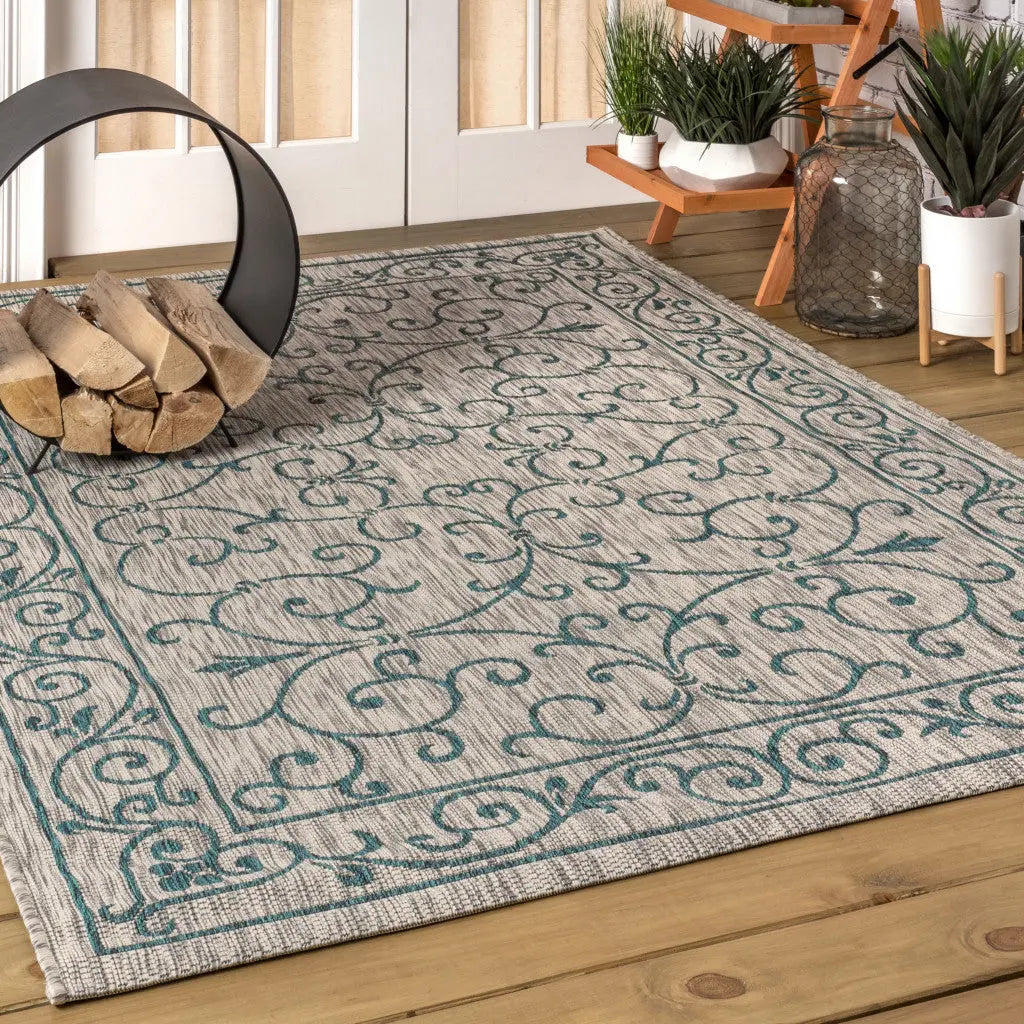 8' X 10' Gray And Teal Blue Medallion Indoor Outdoor Area Rug Homeroots Outdoor