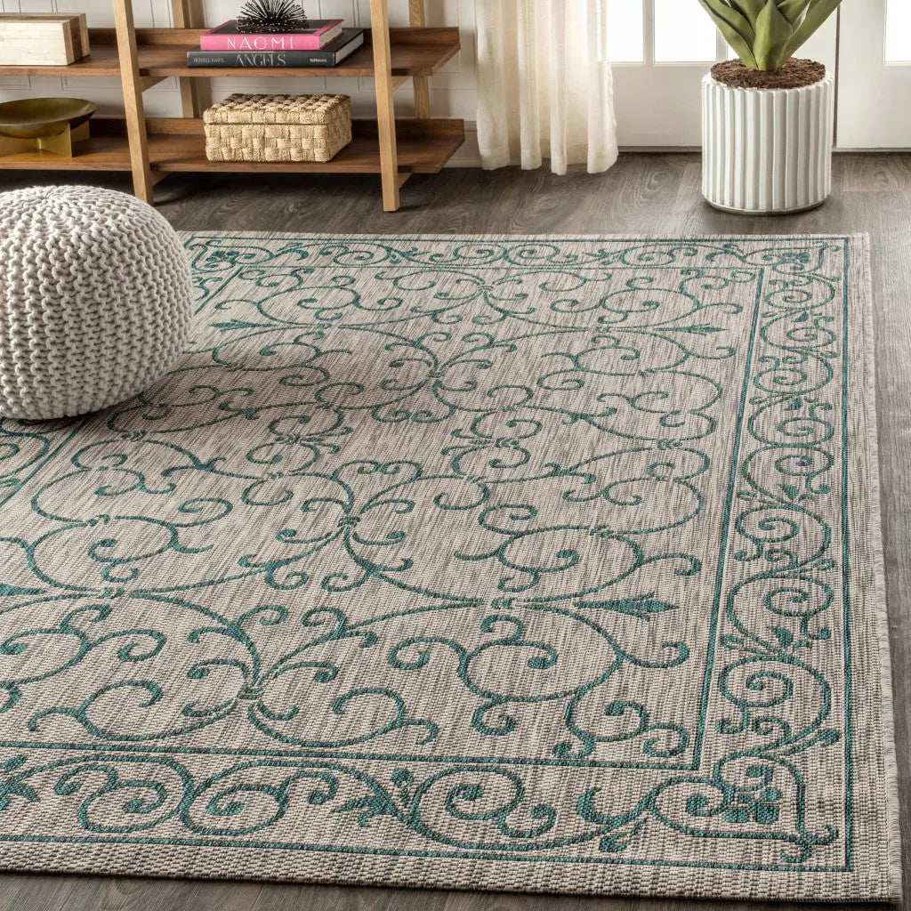 8' X 10' Gray And Teal Blue Medallion Indoor Outdoor Area Rug Homeroots Outdoor