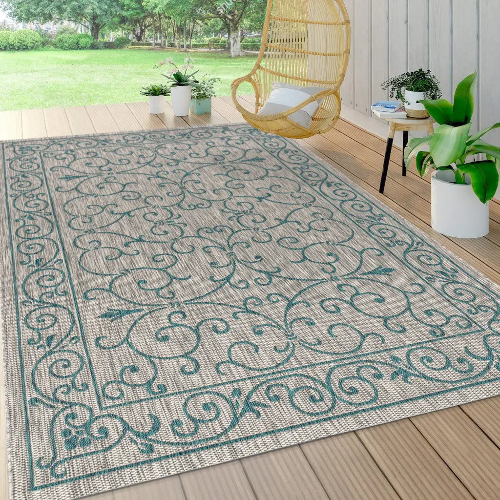8' X 10' Gray And Teal Blue Medallion Indoor Outdoor Area Rug Homeroots Outdoor