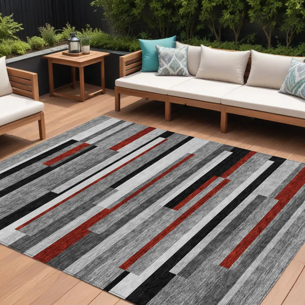 8' X 10' Gray Black And Red Striped Washable Indoor Outdoor Area Rug Homeroots Outdoor