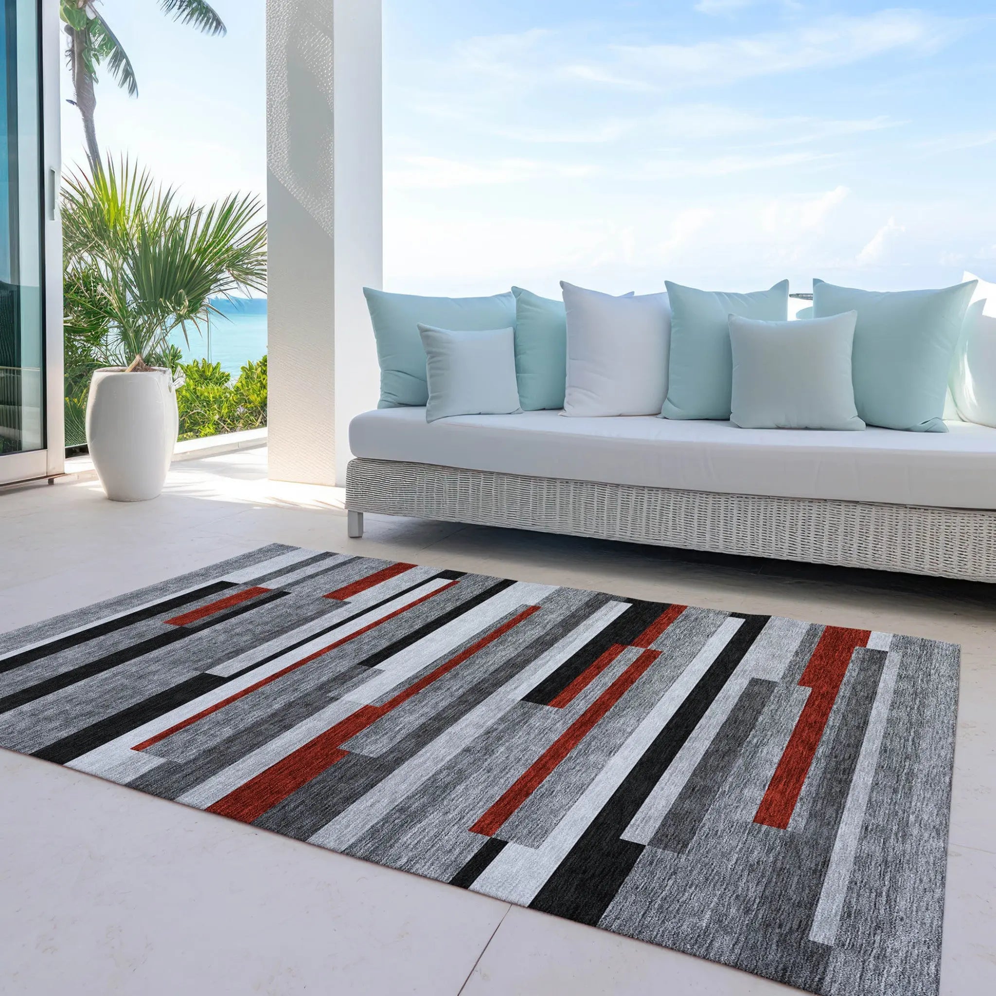 8' X 10' Gray Black And Red Striped Washable Indoor Outdoor Area Rug Homeroots Outdoor