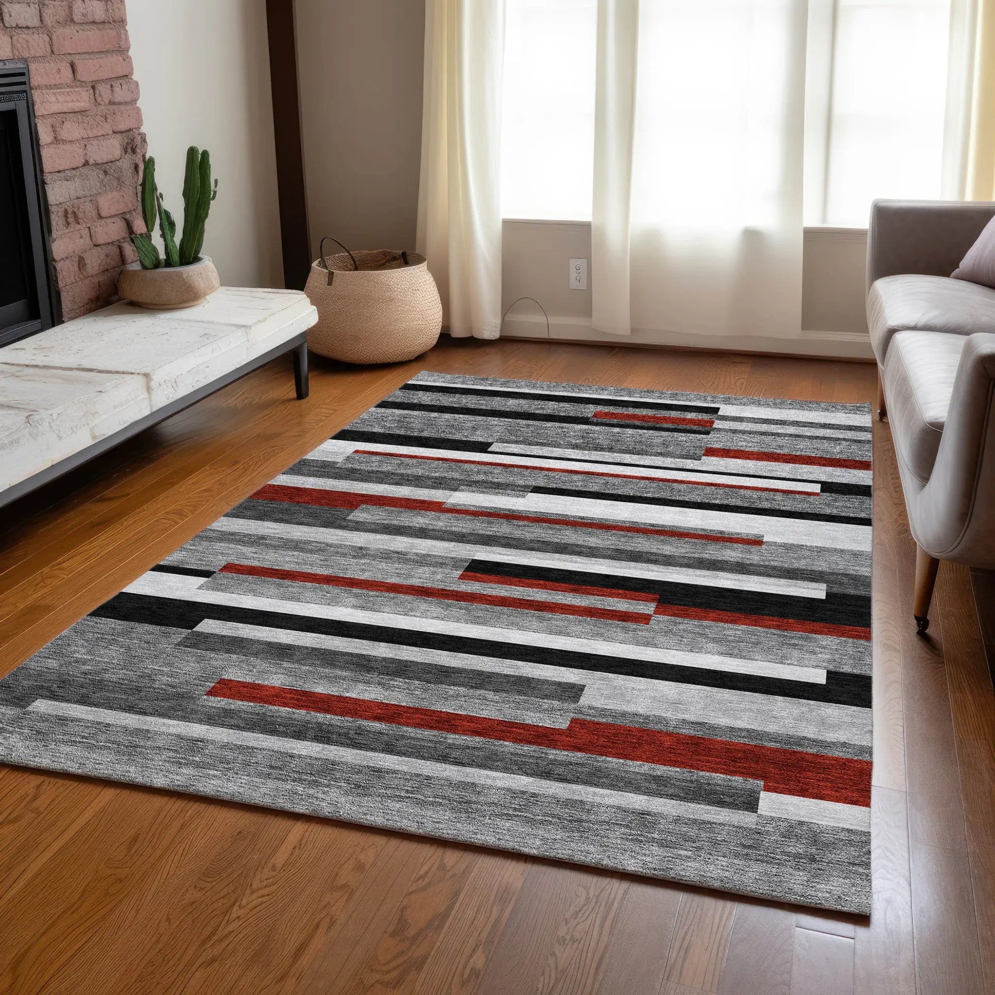 8' X 10' Gray Black And Red Striped Washable Indoor Outdoor Area Rug Homeroots Outdoor