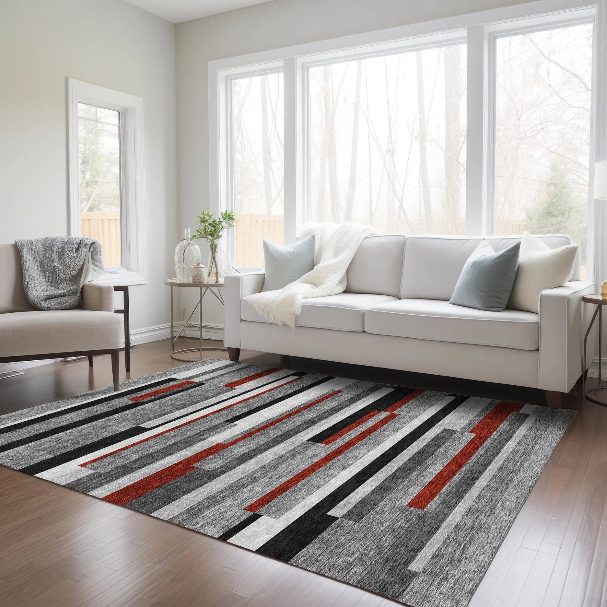 8' X 10' Gray Black And Red Striped Washable Indoor Outdoor Area Rug Homeroots Outdoor