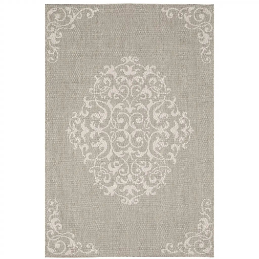 8' X 10' Gray and Ivory Oriental Stain Resistant Indoor Outdoor Area Rug Homeroots Outdoor