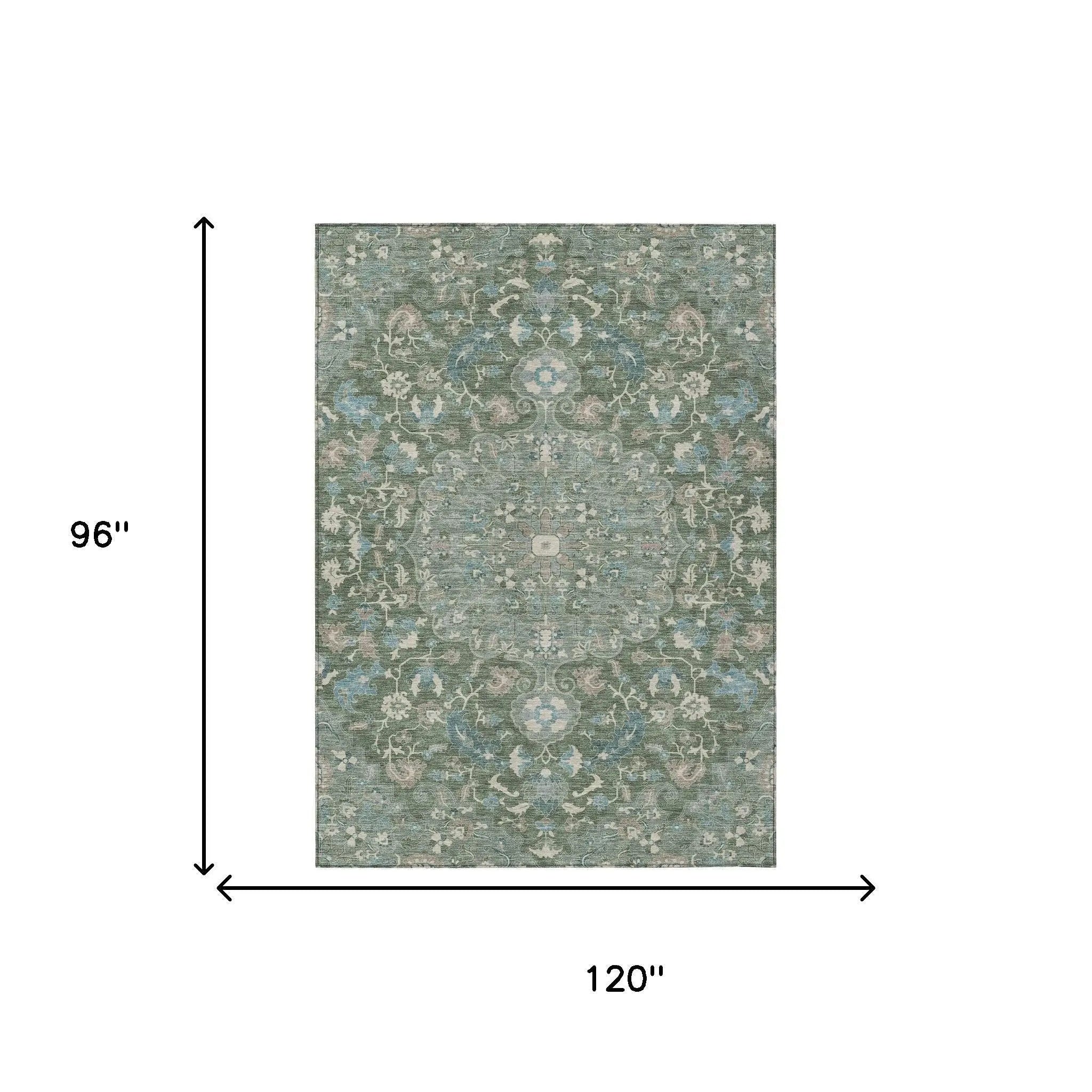 8' X 10' Green And Beige Floral Medallion Washable Indoor Outdoor Area Rug Homeroots Outdoor