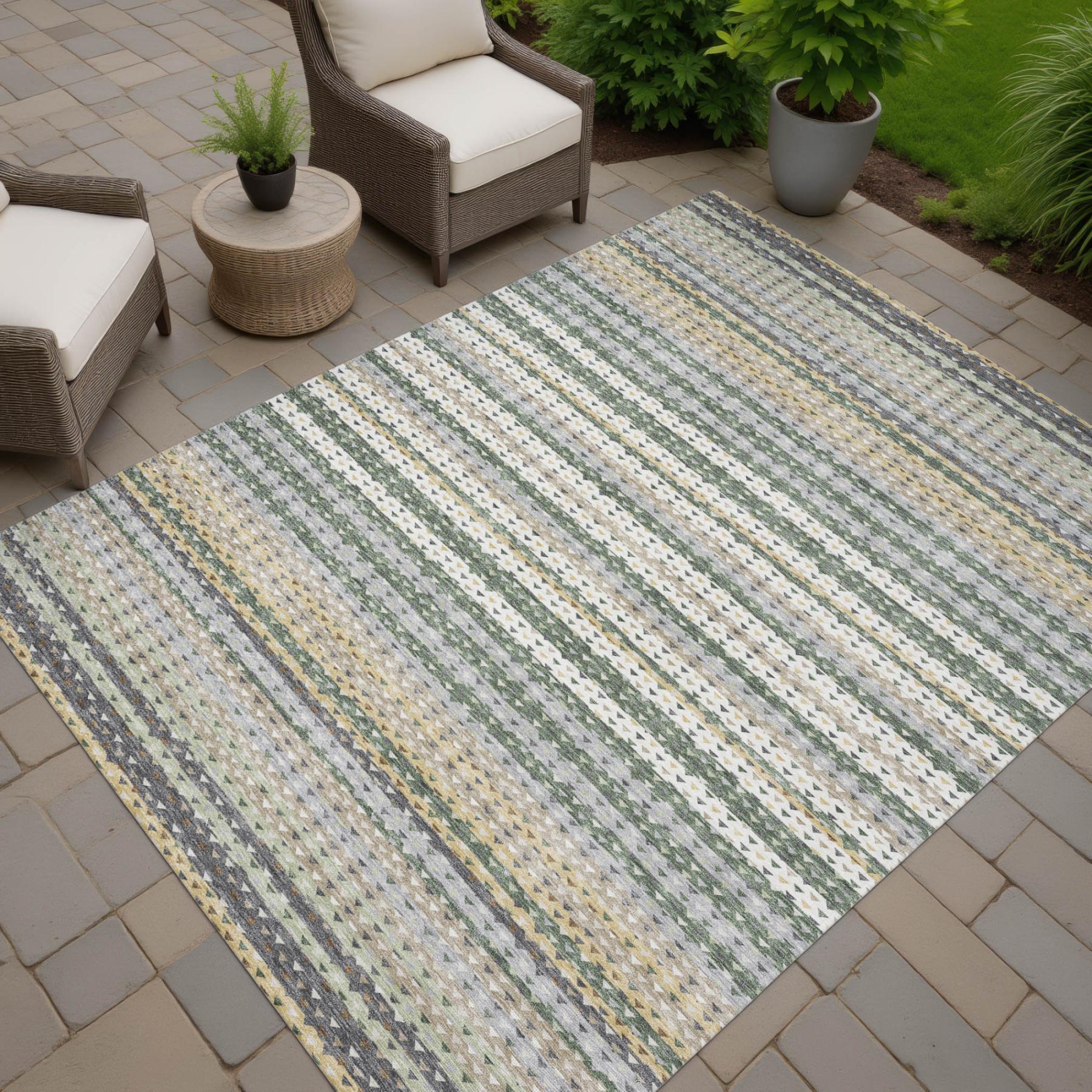 8' X 10' Green And Beige Striped Washable Indoor Outdoor Area Rug Homeroots Outdoor