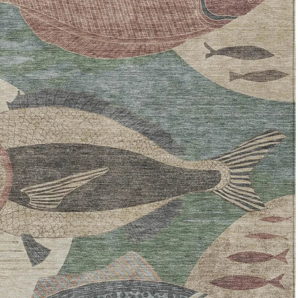 8' X 10' Green And Beige Tropical Fish Washable Indoor Outdoor Area Rug Homeroots Outdoor