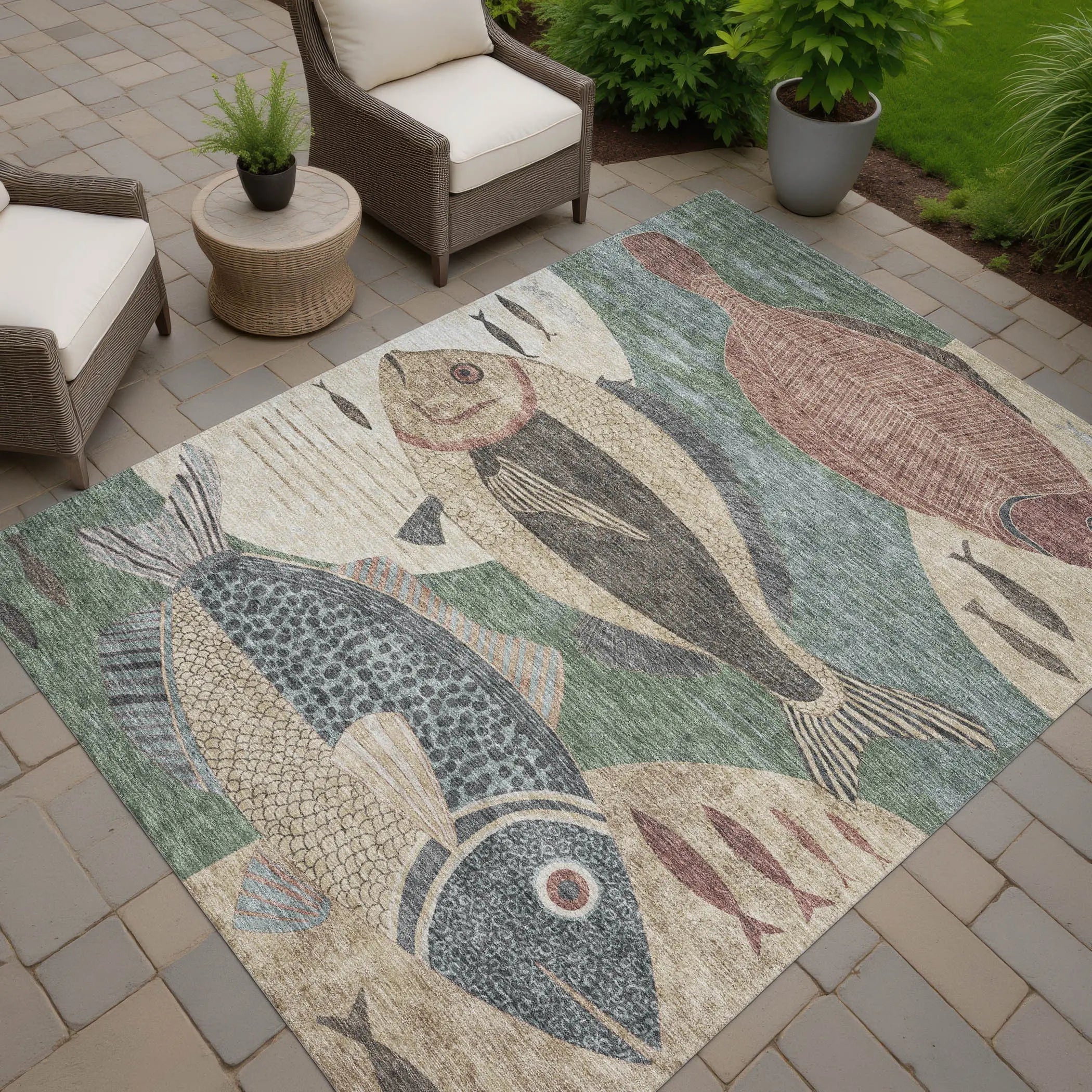 8' X 10' Green And Beige Tropical Fish Washable Indoor Outdoor Area Rug Homeroots Outdoor