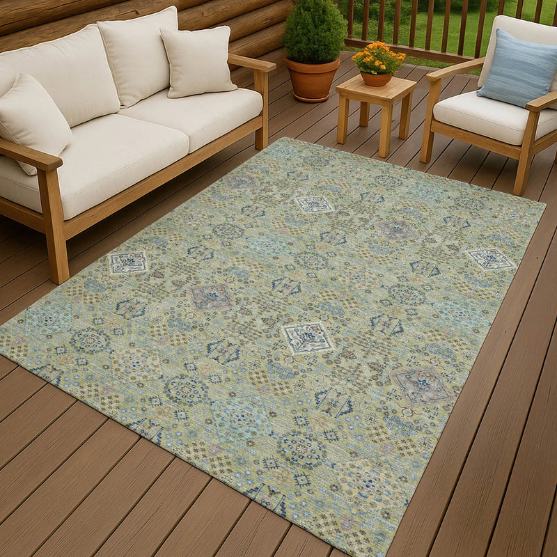 8' X 10' Green And Blue Oriental Washable Indoor Outdoor Area Rug Homeroots Outdoor