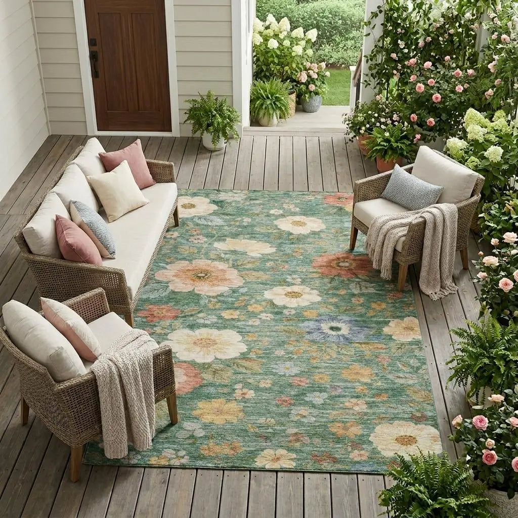 8' X 10' Green And Brown Floral Washable Indoor Outdoor Area Rug Homeroots Outdoor