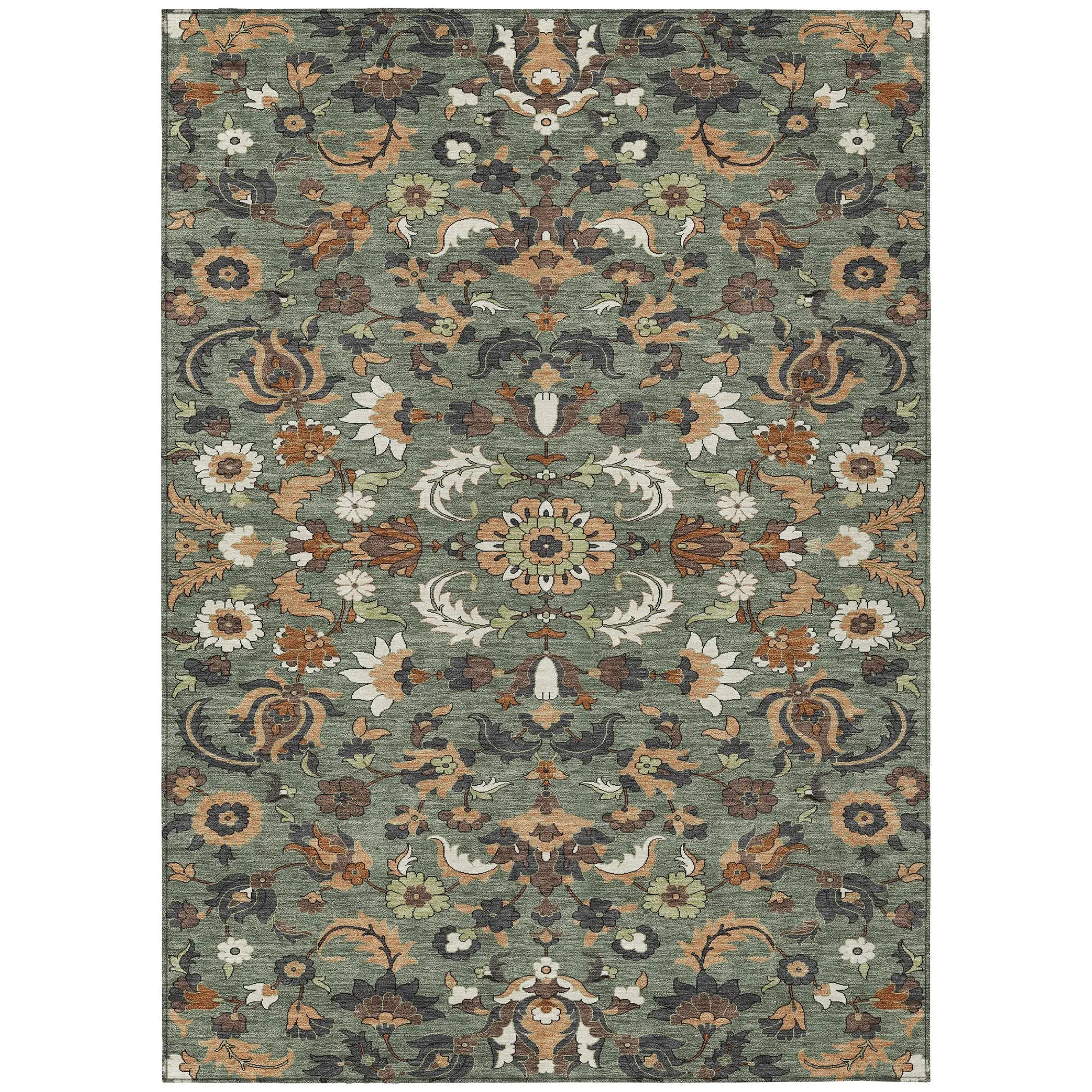8' X 10' Green And Charcoal Floral Medallion Washable Indoor Outdoor Area Rug Homeroots Outdoor