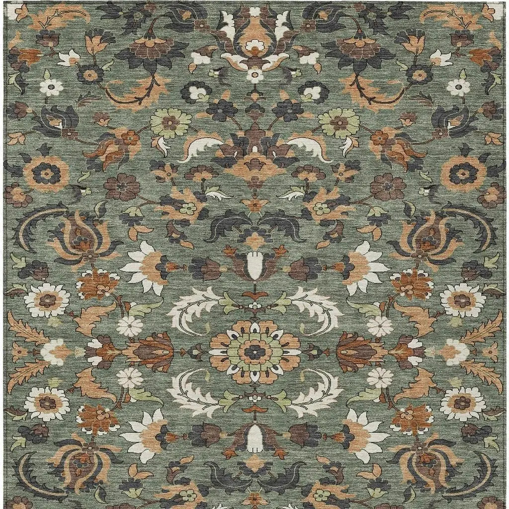 8' X 10' Green And Charcoal Floral Medallion Washable Indoor Outdoor Area Rug Homeroots Outdoor